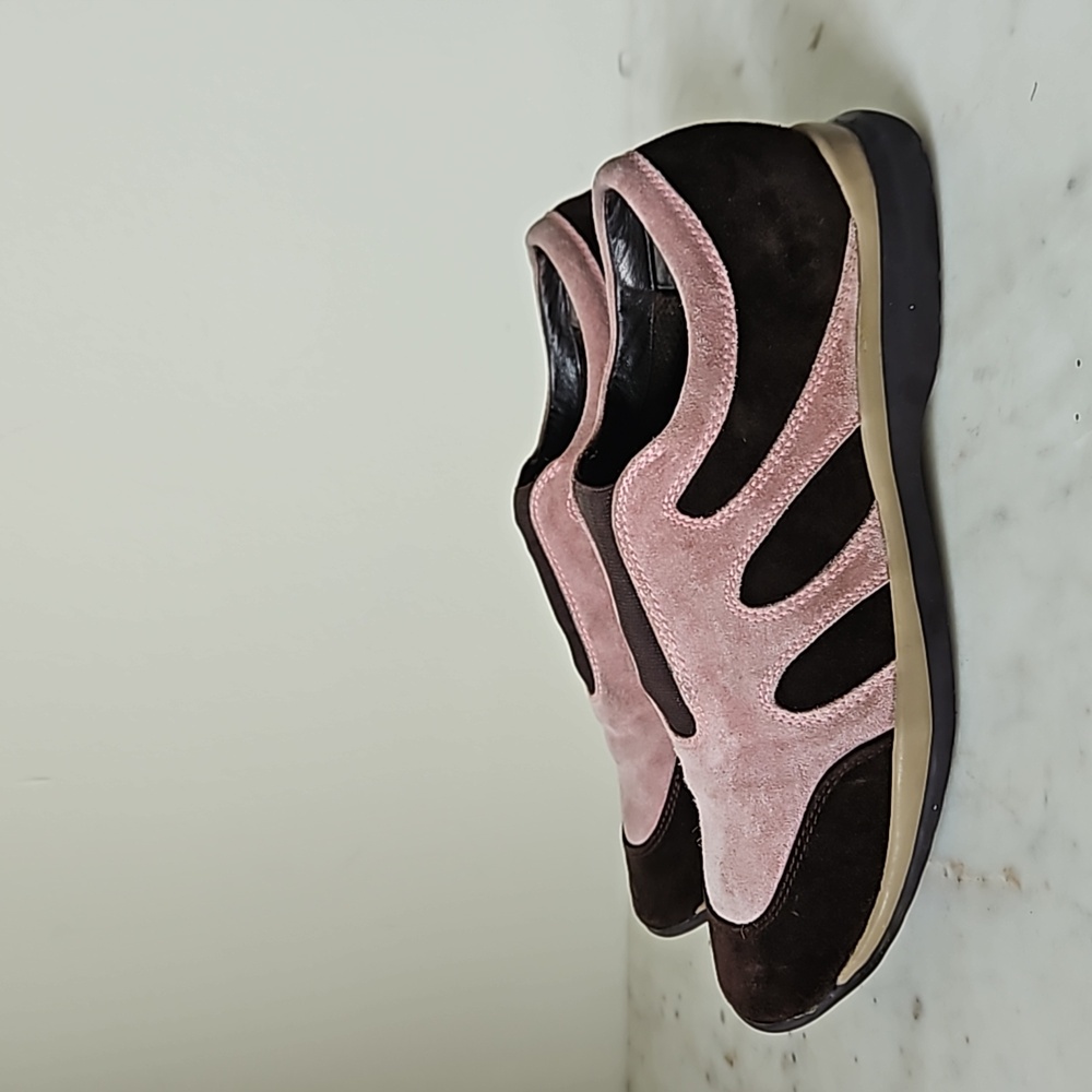 STUART WEITZMAN: soft pink and brown soft suede sneakers
